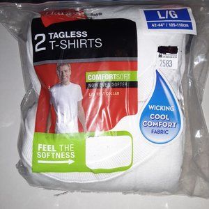 HANES Men's Tagless Tee Shirts White Comfortsoft Lay Flat Collar 42"-44" (2pk)